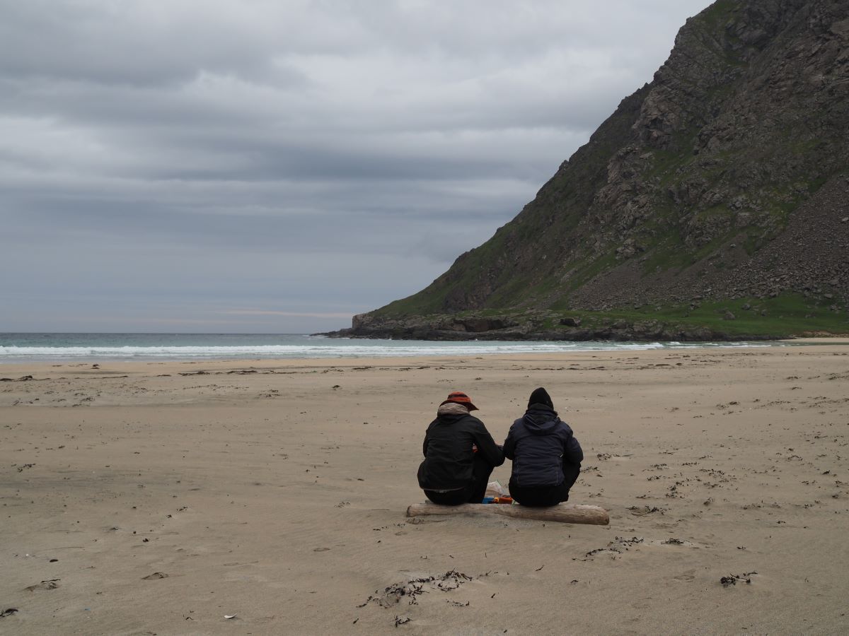 having dinner on the empty horseidvika beach in lofoten