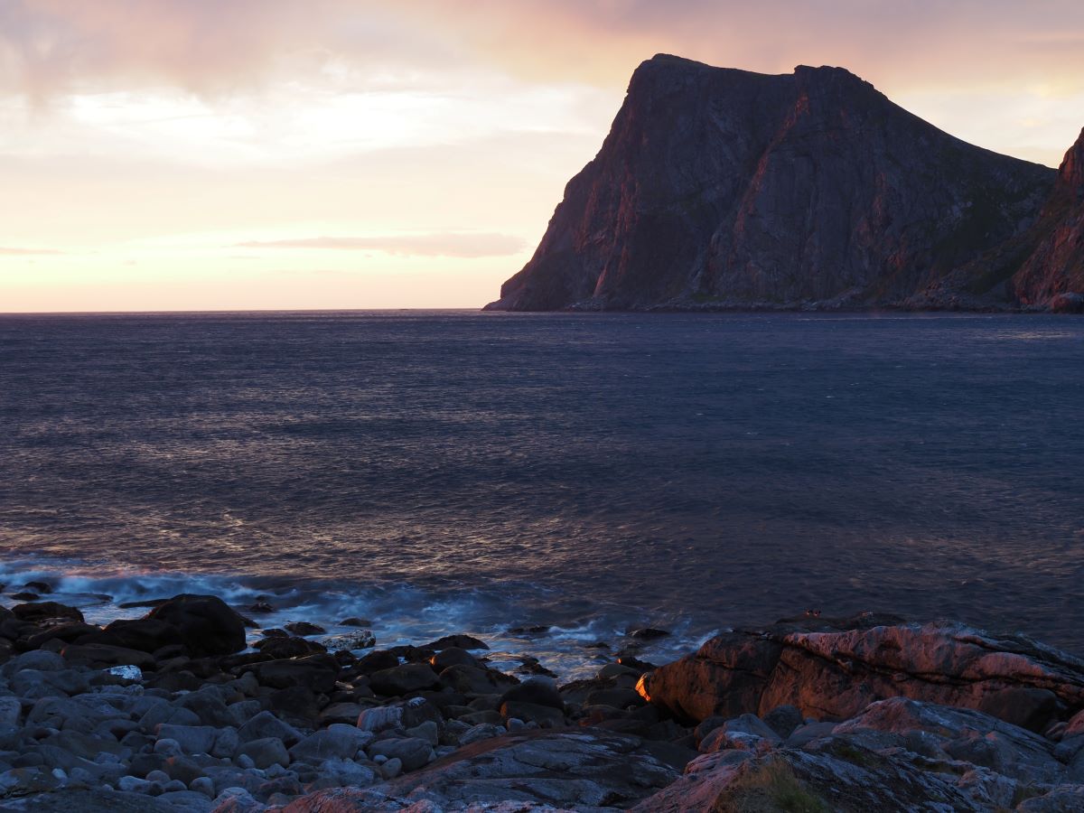 View on Middagstinden during the sunset on Kvalvika beach