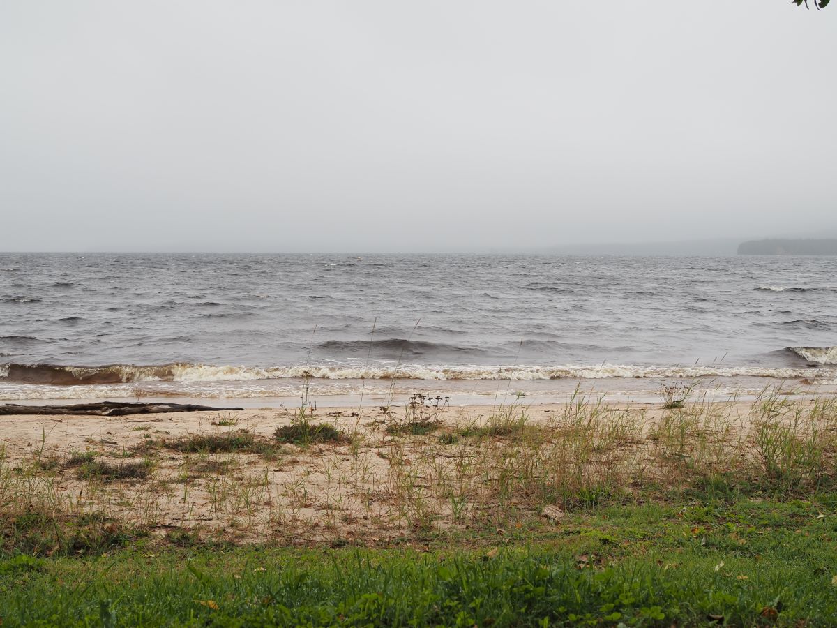 the beach at Osensjøen on a gray and rainy morning in Norway