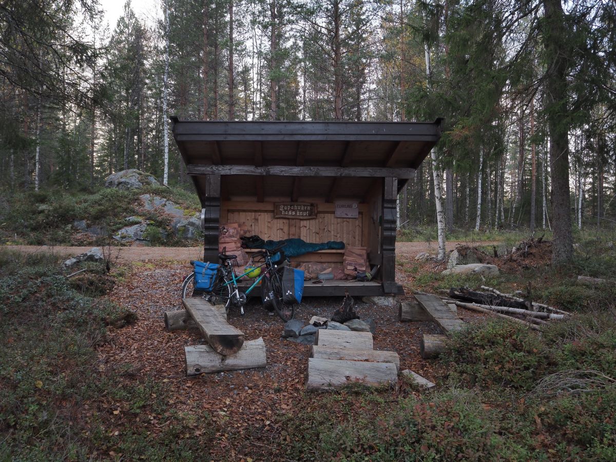 Scandinavian open shelter called gapahuk in a pine forest next to Steinstjenn lake